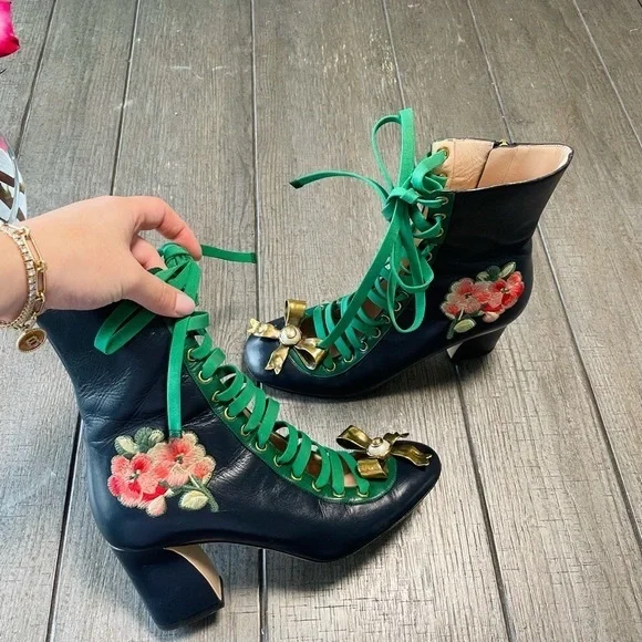 Gucci | Shoes | Gucci Embroidered Lace Up Booties | Poshmark